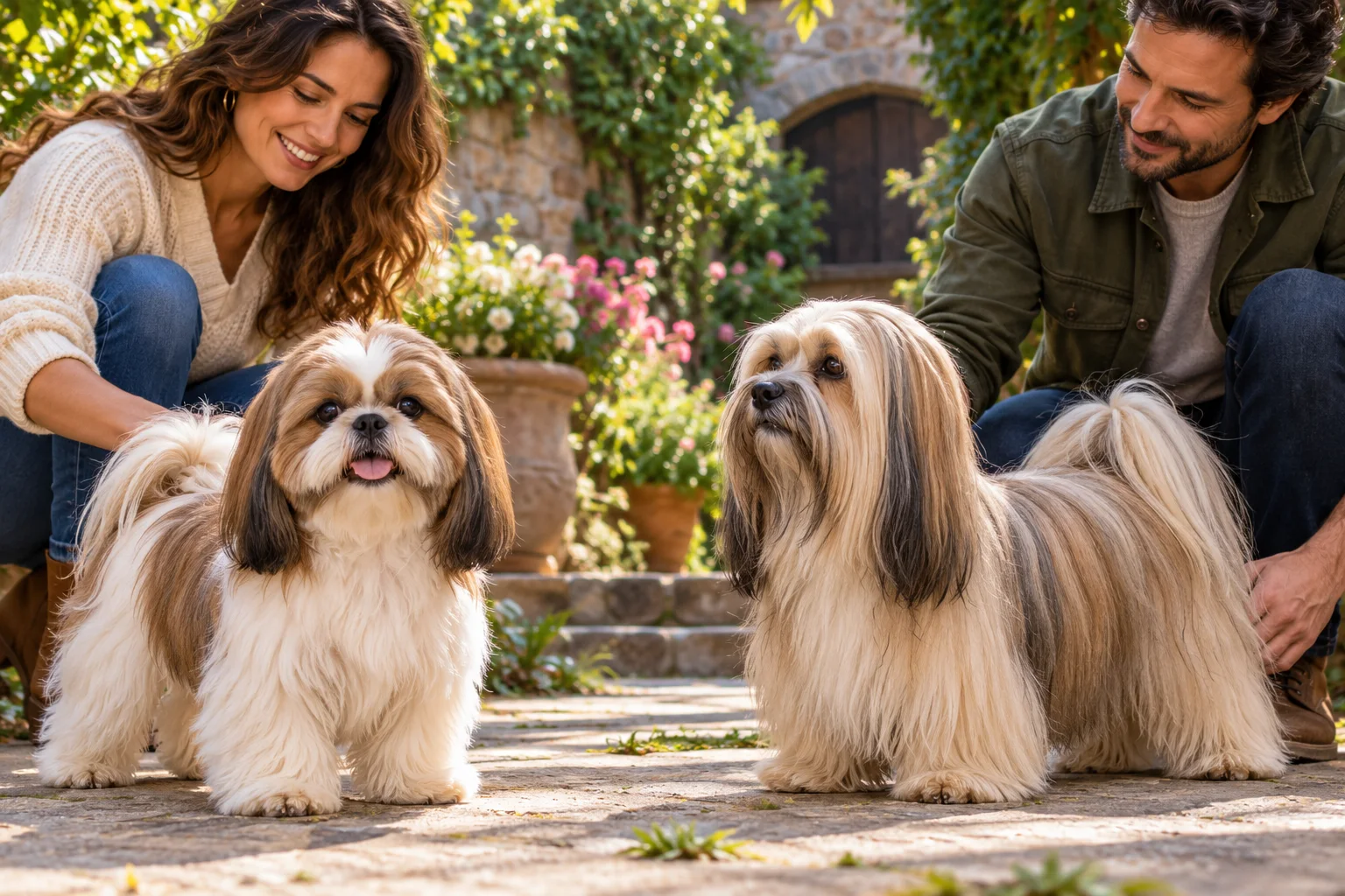 Ilustración: Un Shih Tzu y un Lhasa Apso con anatomía diferenciada en un patio verde con sus cuidadores.