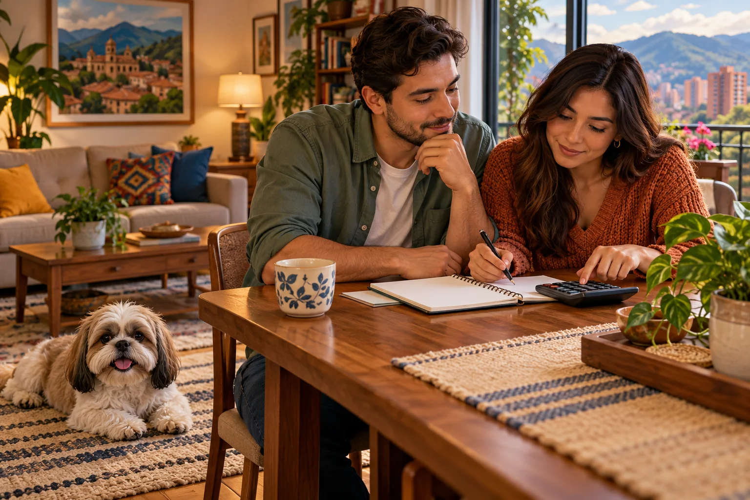 Ilustración: Familia calculando un presupuesto doméstico con un Shih Tzu descansando a su lado.