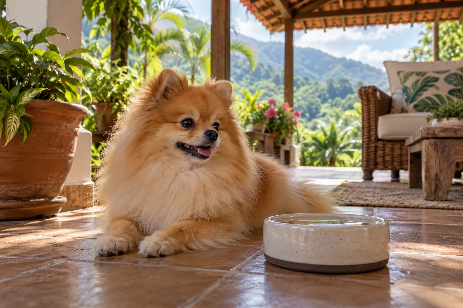 Ilustración: Pomerania con manto intacto descansando a la sombra junto a agua