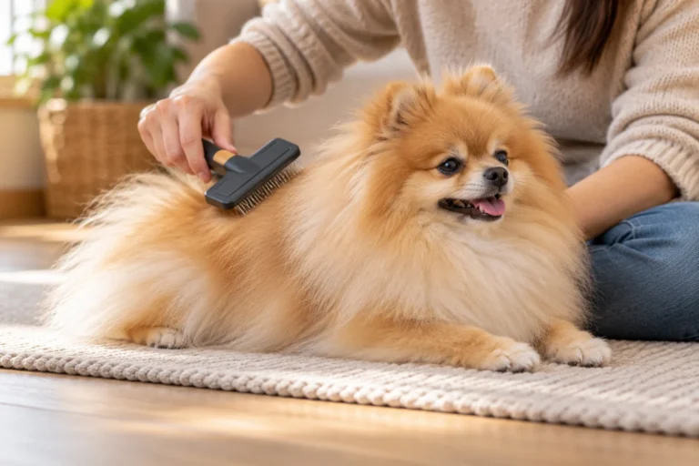 Ilustración: Manos cepillando con suavidad a un Pomerania sobre una colchoneta