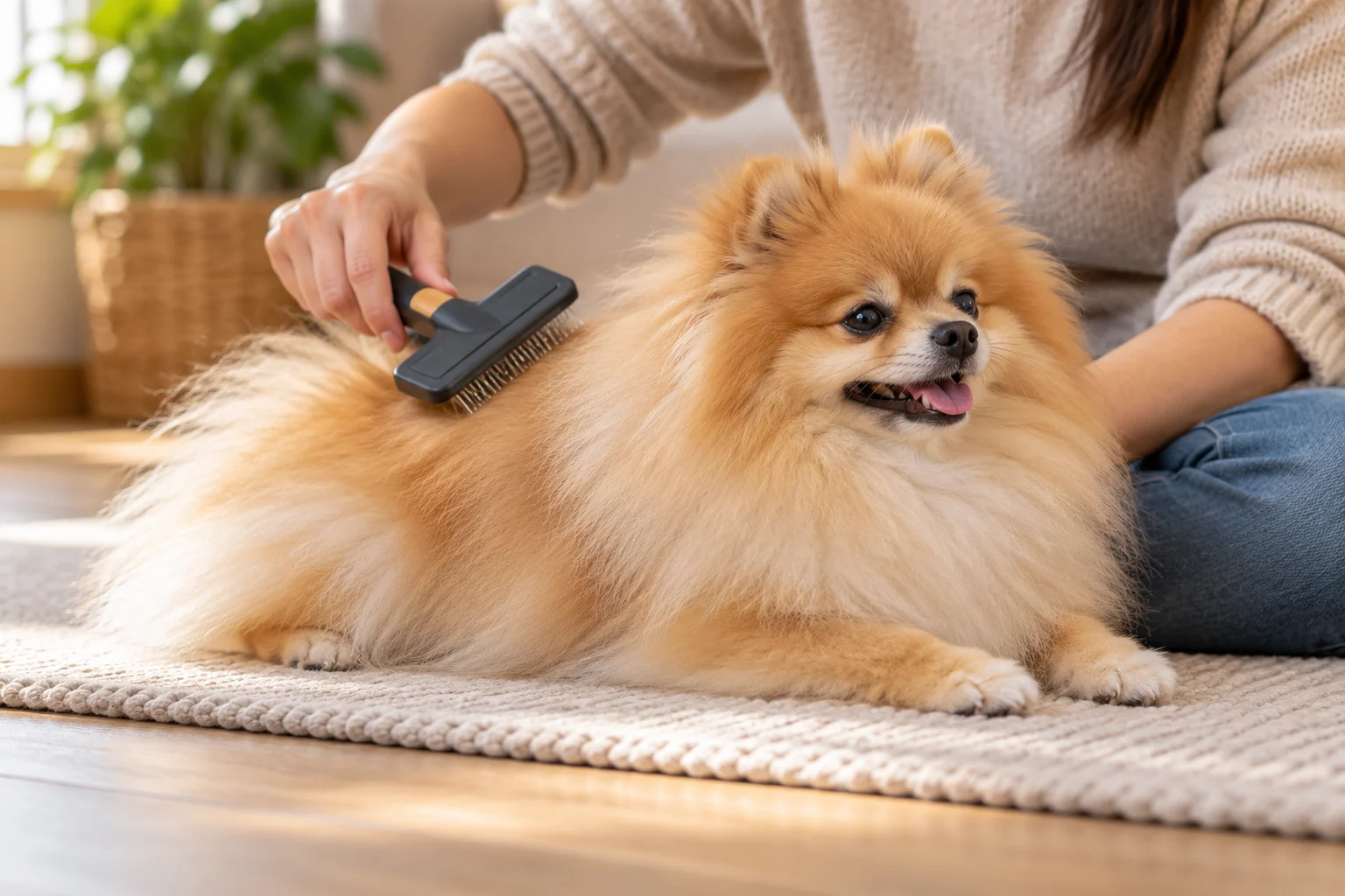Ilustración: Manos cepillando con suavidad a un Pomerania sobre una colchoneta