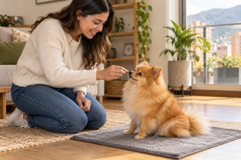 Ilustración: Persona premiando a un Pomerania cachorro tranquilo junto a su colchoneta