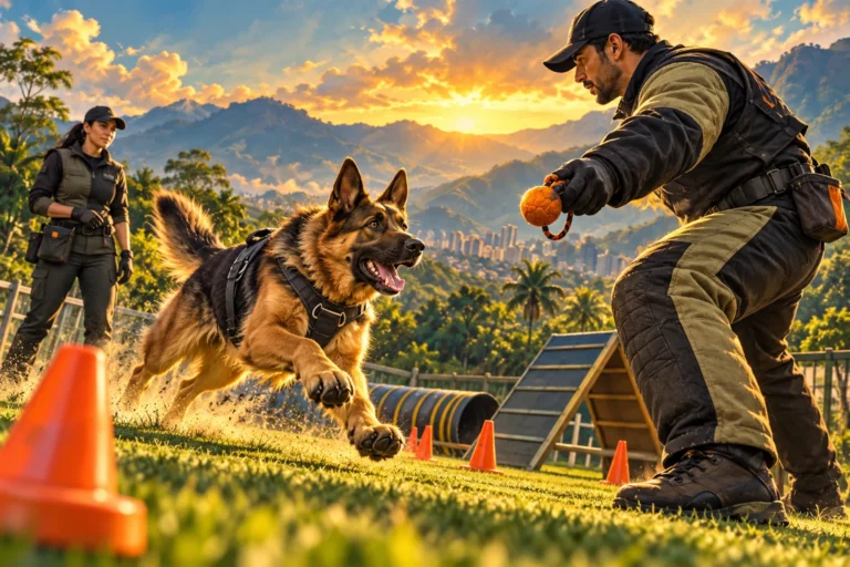 Ilustración de pastor alemán tipo K9 y entrenadores con dotación en una sesión controlada