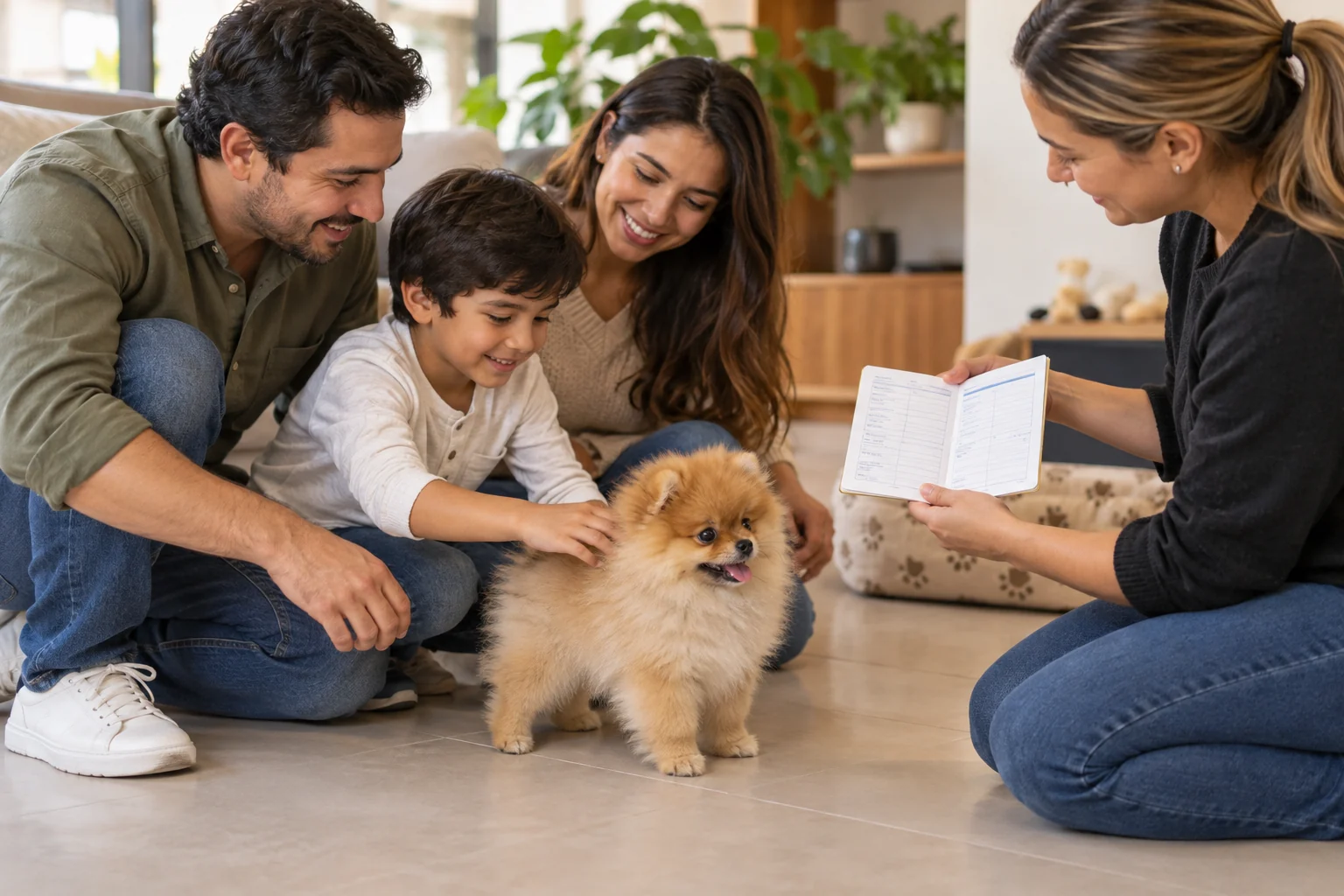 Ilustración: Familia conociendo a un cachorro Pomerania junto a su cuidador