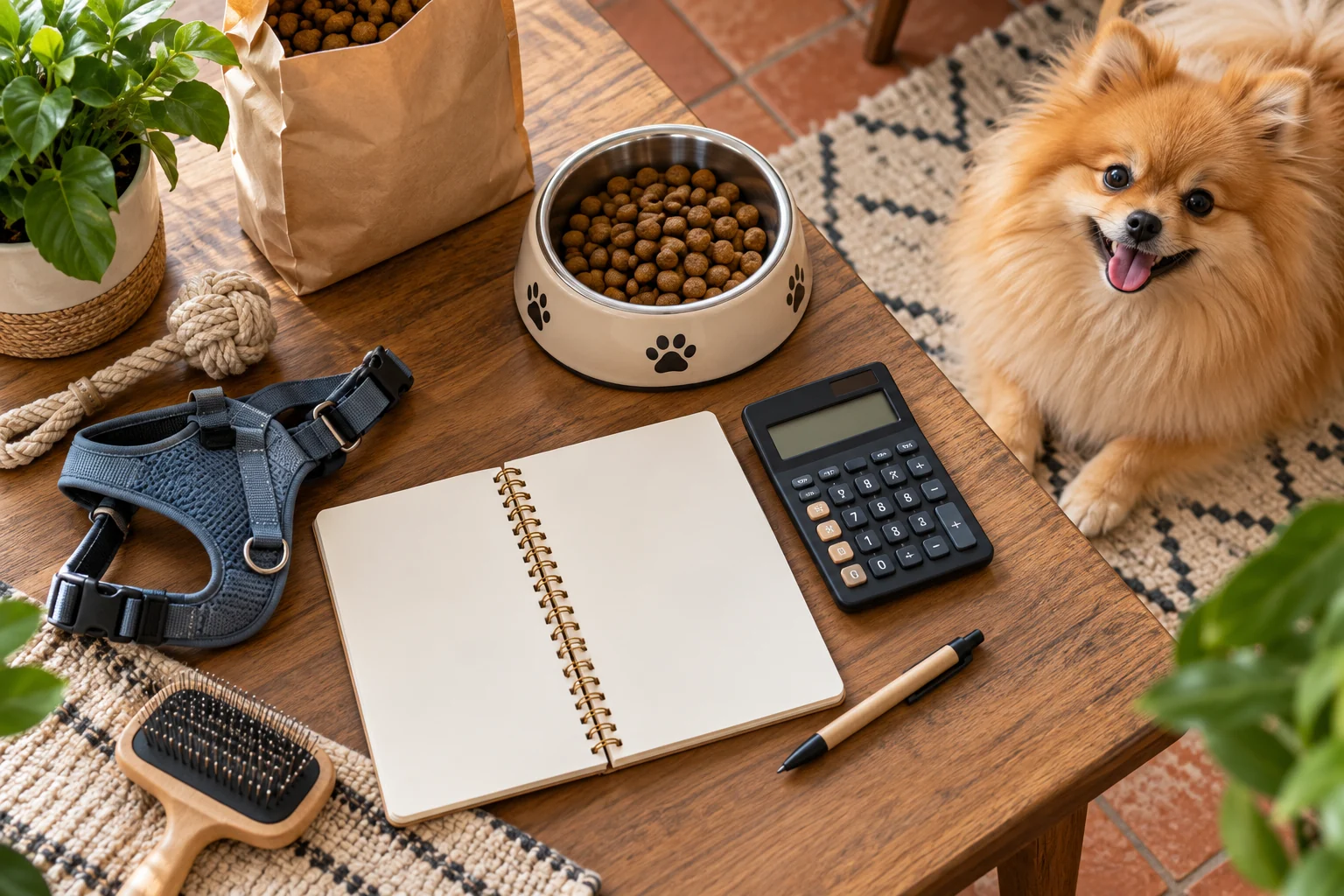 Ilustración: Cuaderno, calculadora y accesorios de cuidado junto a un Pomerania
