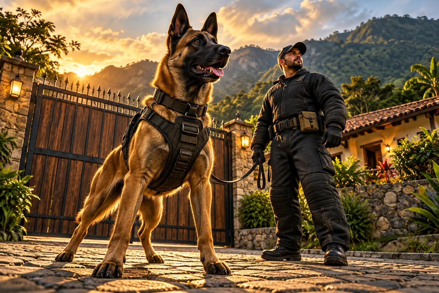 Ilustración dramática de malinois tipo K9 y entrenador equipado junto al portón de una propiedad
