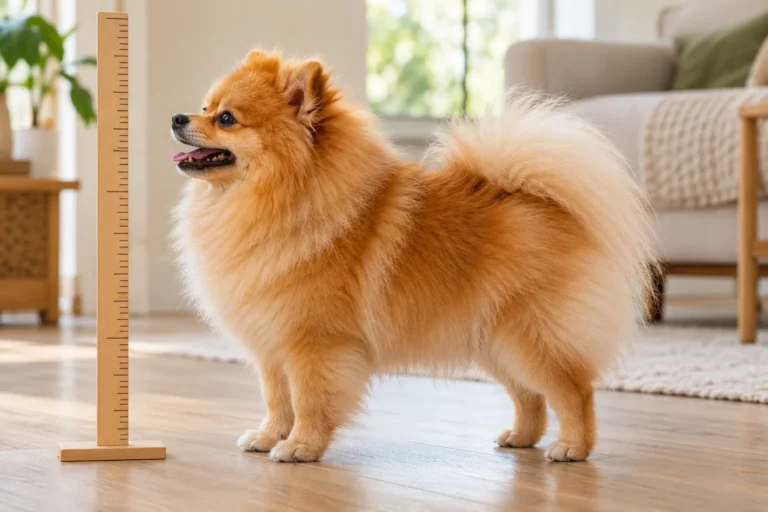 Ilustración: Pomerania adulto de perfil junto a una referencia de medición