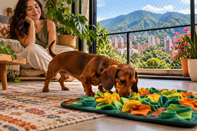 Ilustración: Teckel explorando una alfombra de olfato en un apartamento con balcón protegido.