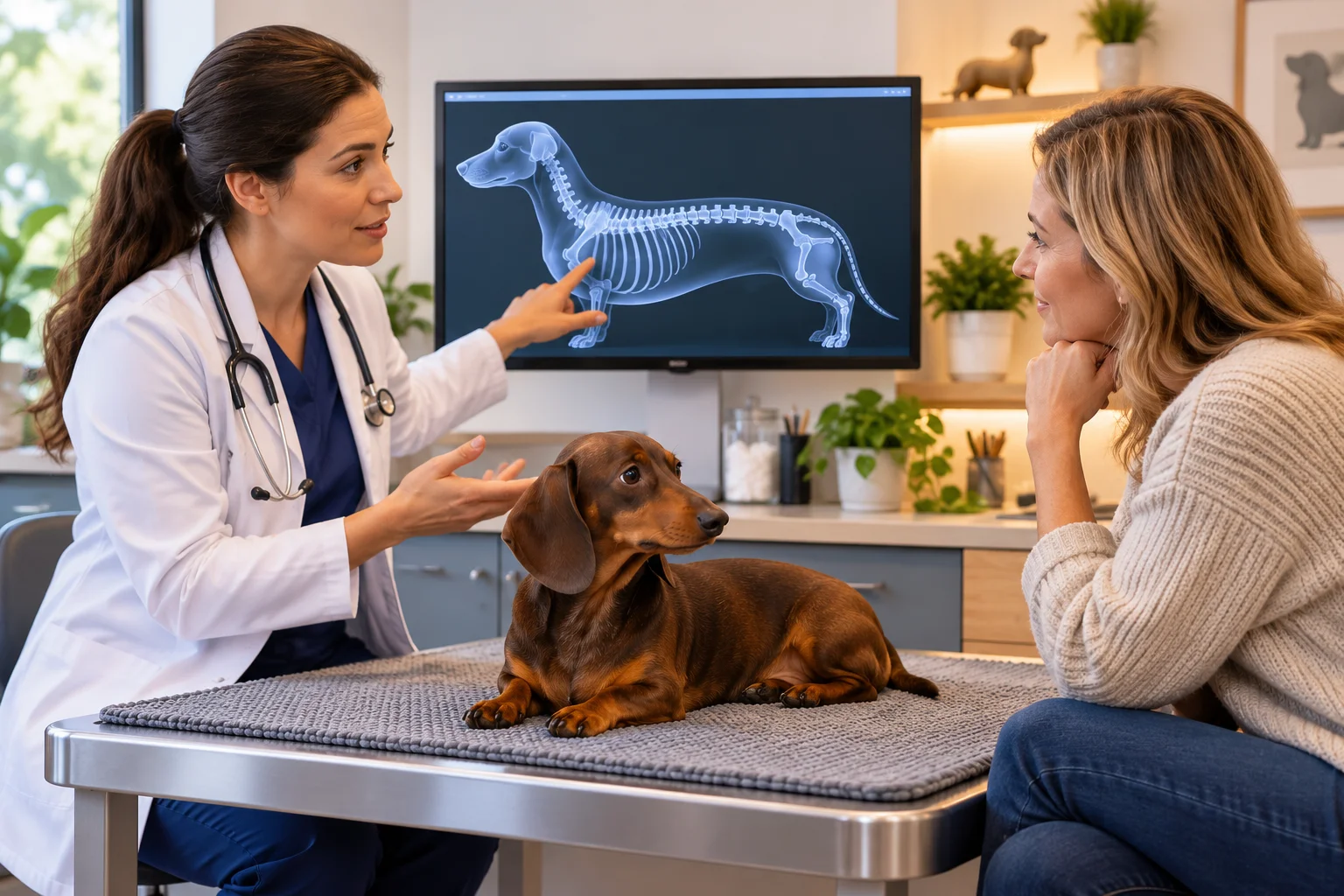 Ilustración: Consulta veterinaria ficticia sobre movilidad de un teckel; monitor ilustrativo.