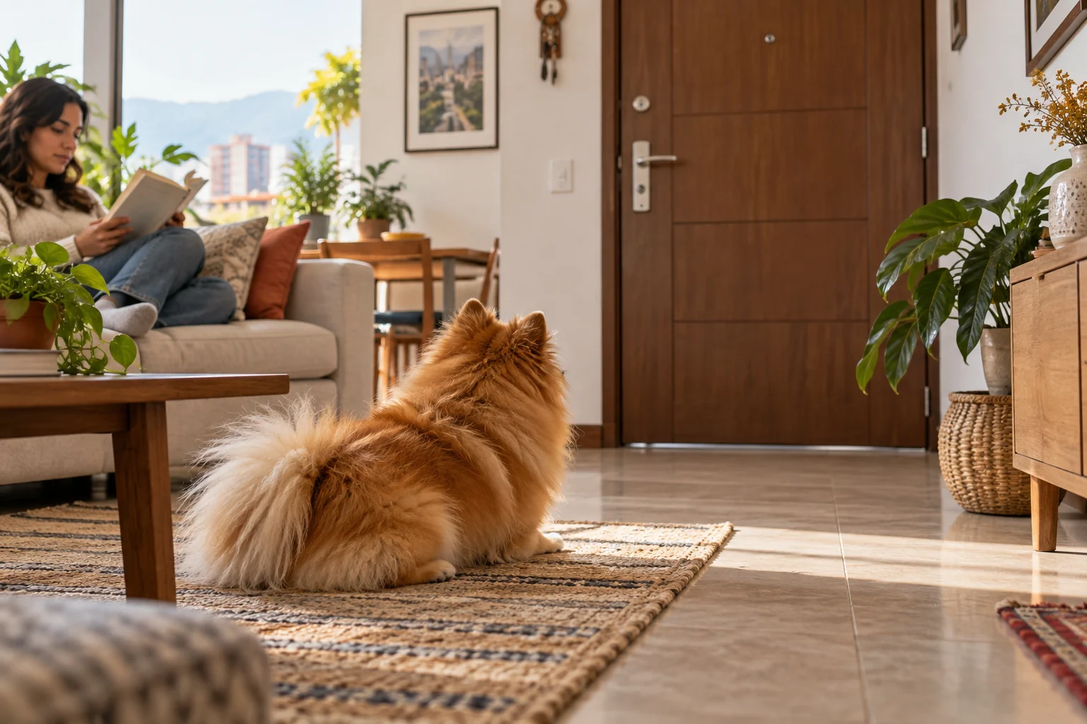 Ilustración: Pomerania descansando en una colchoneta dentro de un apartamento