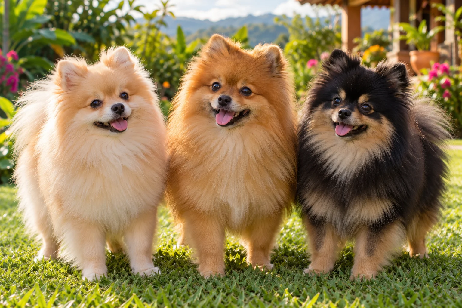 Ilustración: Tres Pomeranias adultos con variaciones naturales de aspecto en un jardín