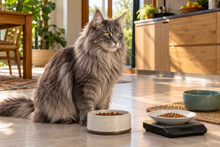 Ilustración: Maine Coon junto a un comedero y utensilios para medir el alimento.