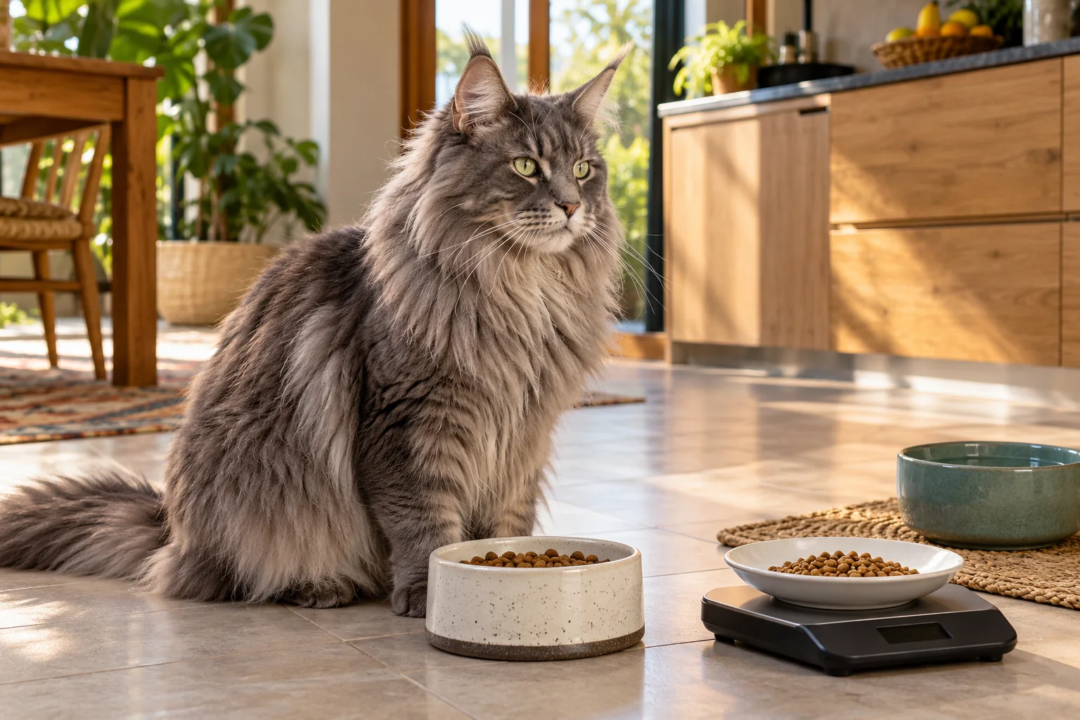 Ilustración: Maine Coon junto a un comedero y utensilios para medir el alimento.