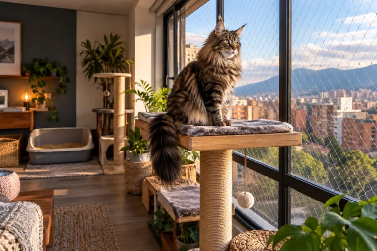Ilustración: Maine Coon en un apartamento con recursos amplios y ventana protegida.