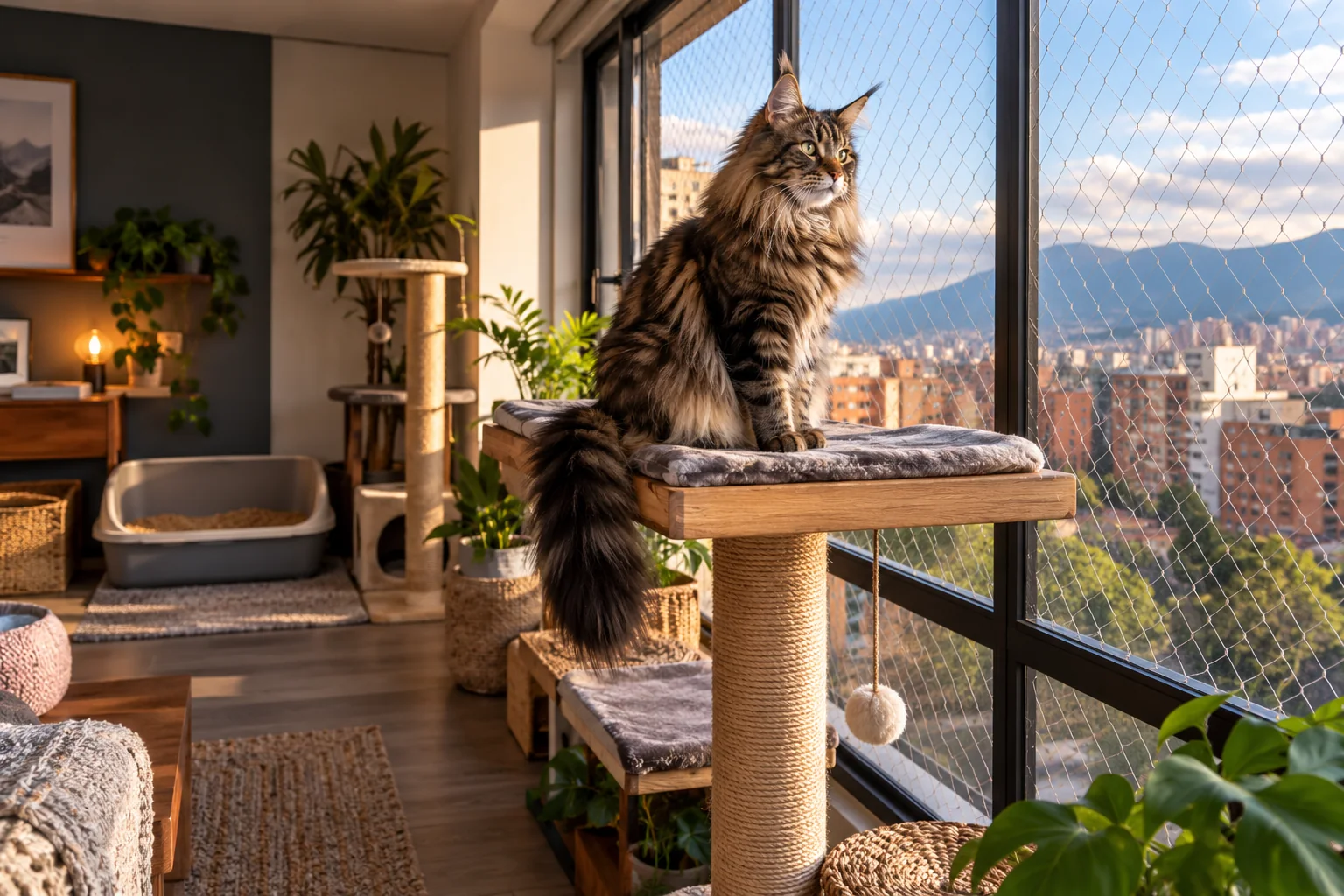Ilustración: Maine Coon en un apartamento con recursos amplios y ventana protegida.