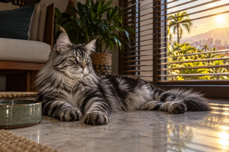 Ilustración: Maine Coon descansando en una estancia sombreada con agua y ventana protegida.