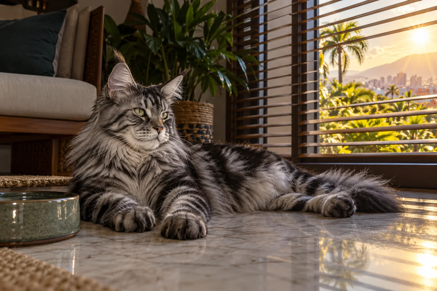 Ilustración: Maine Coon descansando en una estancia sombreada con agua y ventana protegida.