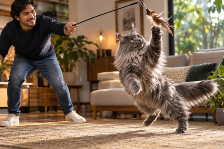 Ilustración: Maine Coon Blue jugando voluntariamente con una persona adulta.