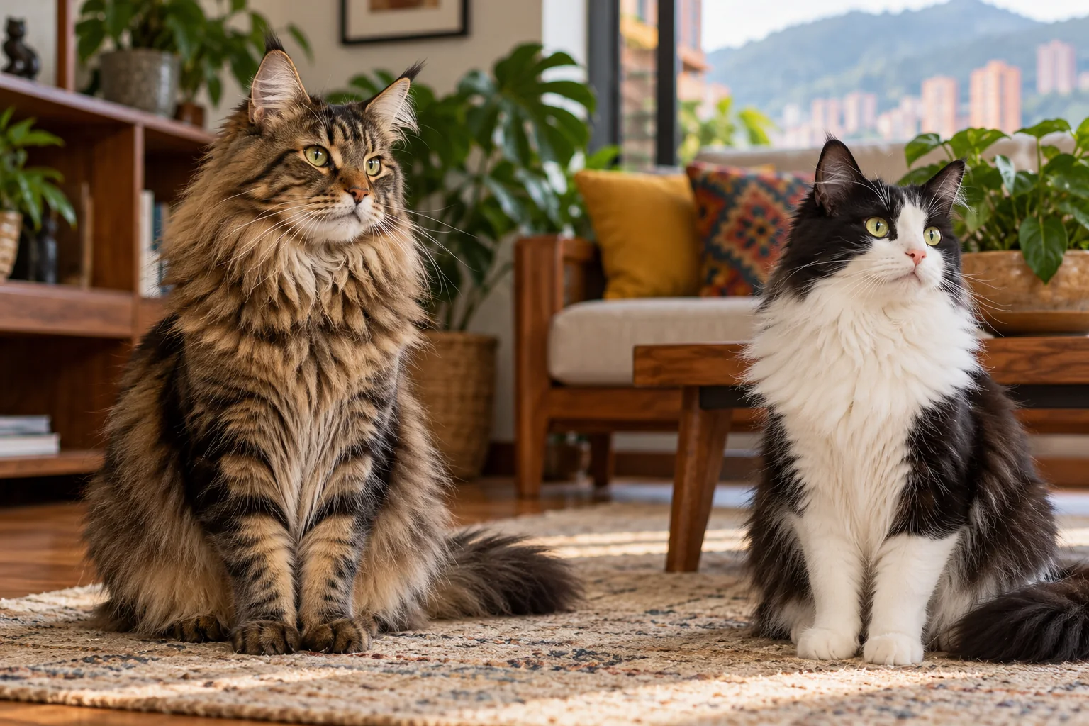 Ilustración: Dos gatos de pelo largo distintos en una sala; su aspecto no acredita ascendencia.