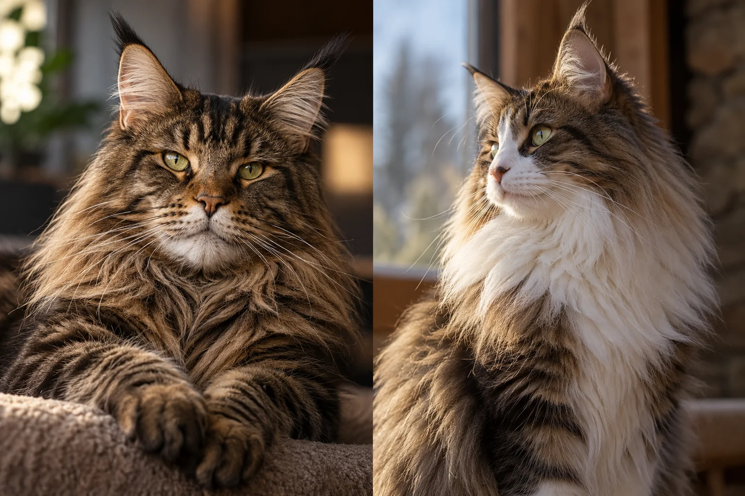 Ilustración: Comparación ilustrativa de Maine Coon y Bosque de Noruega; no sirve para certificar raza.