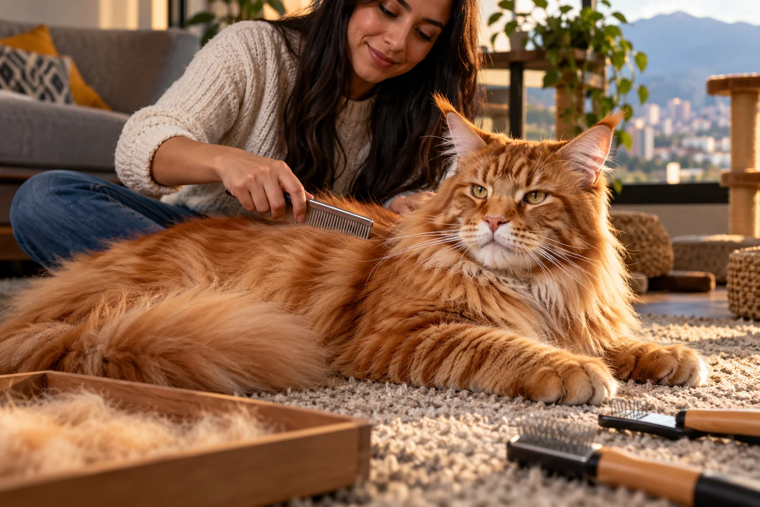 Ilustración: Cepillado suave del lomo de un Maine Coon Red Tabby.