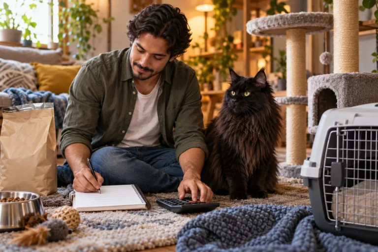 Ilustración: Cuidador organiza los gastos de un Maine Coon con calculadora y accesorios.