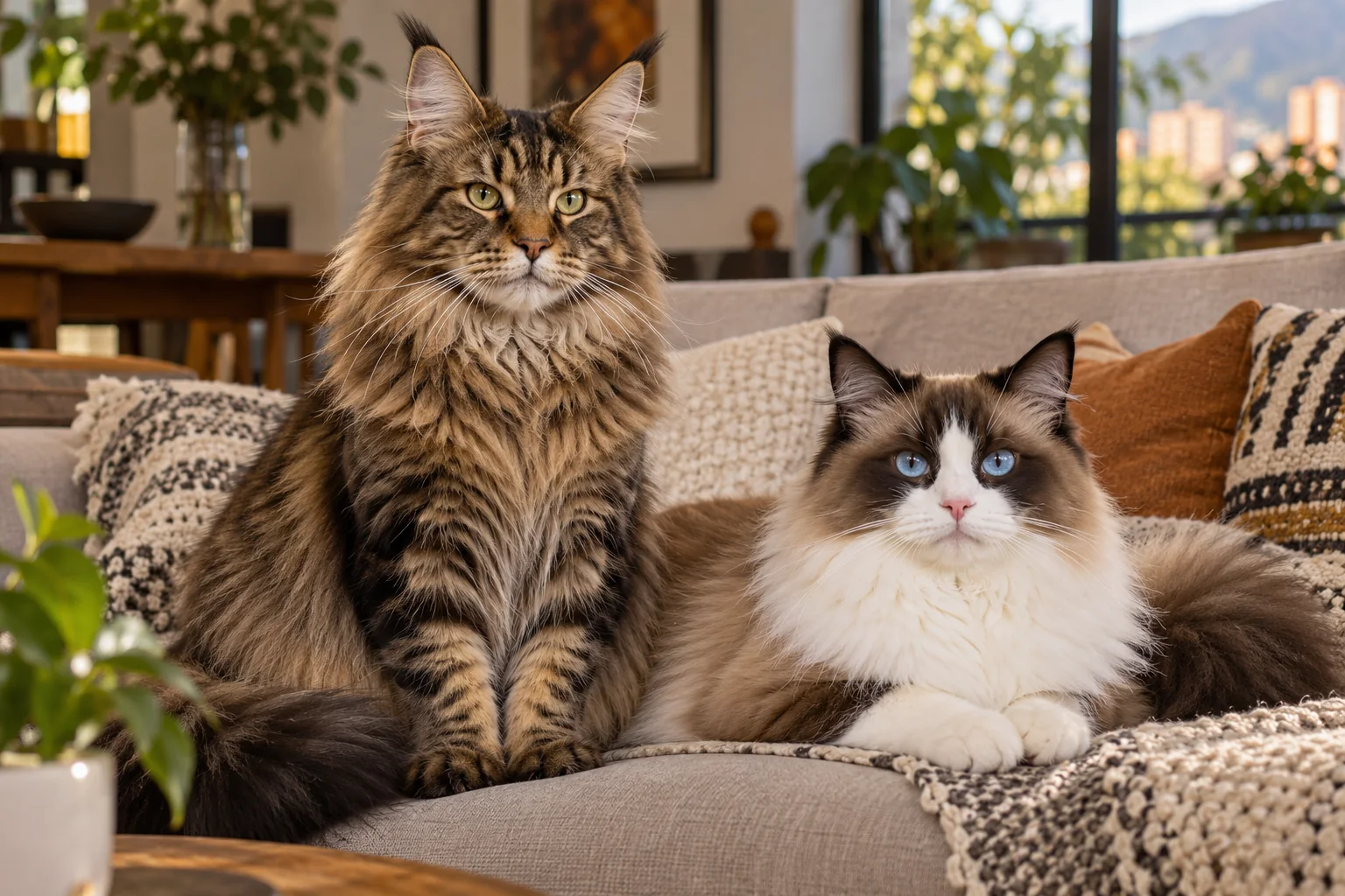 Ilustración: Maine Coon tabby y Ragdoll bicolor en un hogar, representados mediante IA.