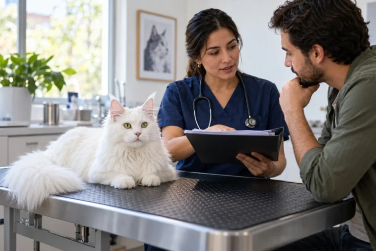 Ilustración: Veterinaria conversando con un cuidador junto a un Maine Coon tranquilo; escena ilustrativa.