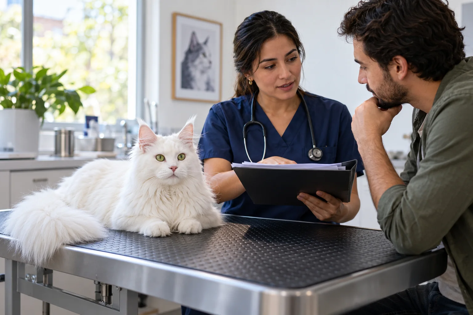 Ilustración: Veterinaria conversando con un cuidador junto a un Maine Coon tranquilo; escena ilustrativa.