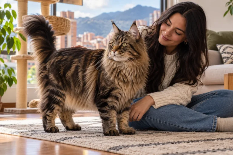 Ilustración: Maine Coon adulto junto a una persona, con proporciones naturales.