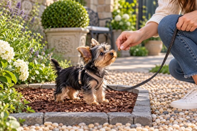 Familia premiando a un Yorkshire Terrier después de usar su zona de baño, ilustración editorial.
