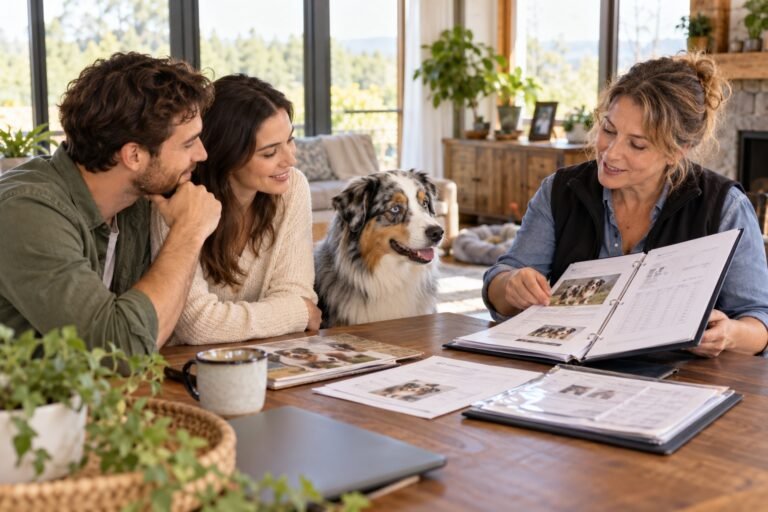 Ilustración editorial de una familia revisando documentos de salud y procedencia con un criador y un Pastor Ovejero Australiano.