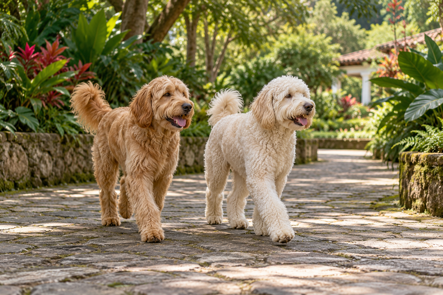 Dos perros tipo doodle caminando por un sendero; ilustración IA