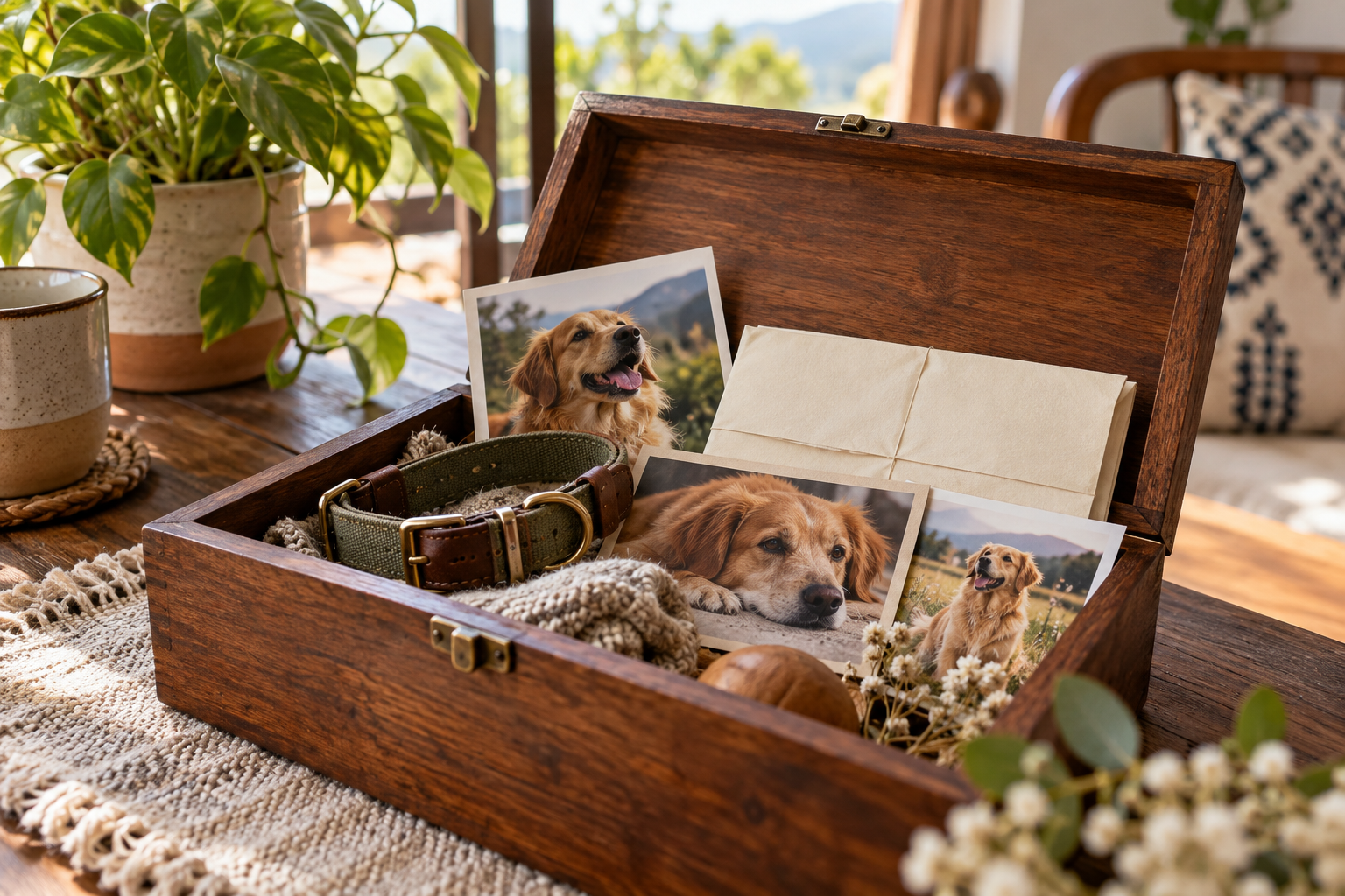 Caja de recuerdos con fotografías ficticias y collar; ilustración IA
