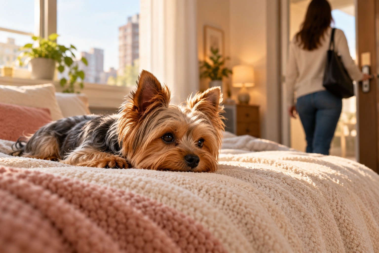 Yorkshire Terrier tranquilo en su cama mientras su familia se prepara para salir, ilustración editorial.