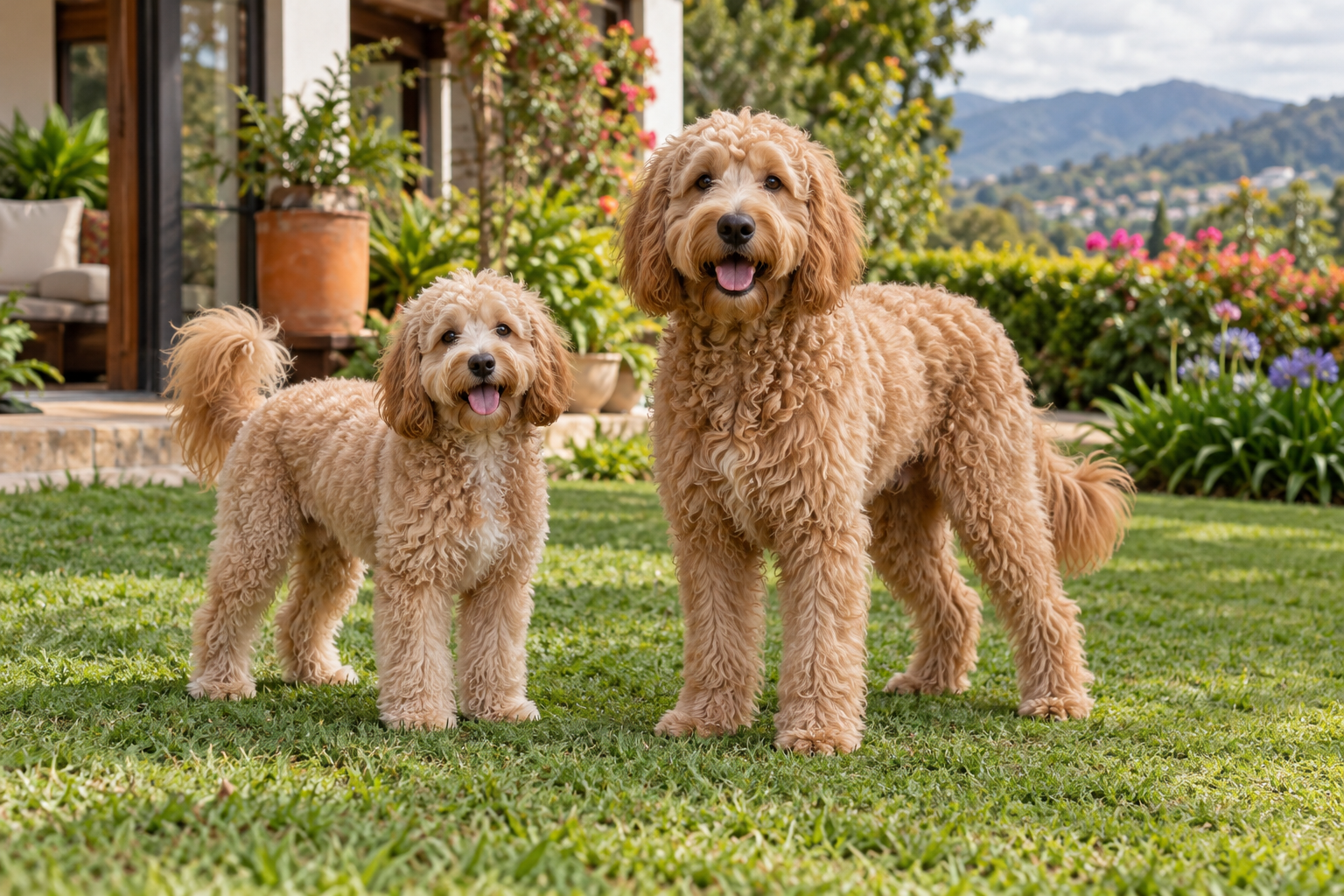 Dos perros tipo doodle de tamaños distintos en un jardín; ilustración IA