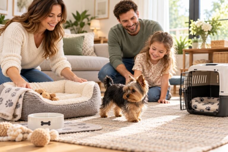 Familia preparando cama, agua y transportadora para recibir un Yorkshire Terrier en casa.
