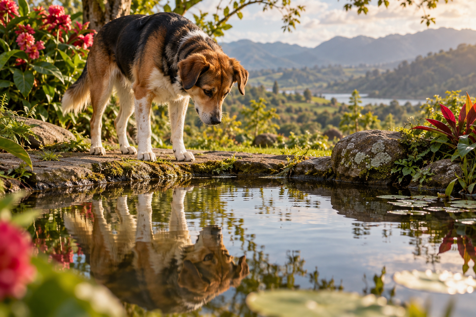 Perro junto a su reflejo en un estanque; ilustración IA