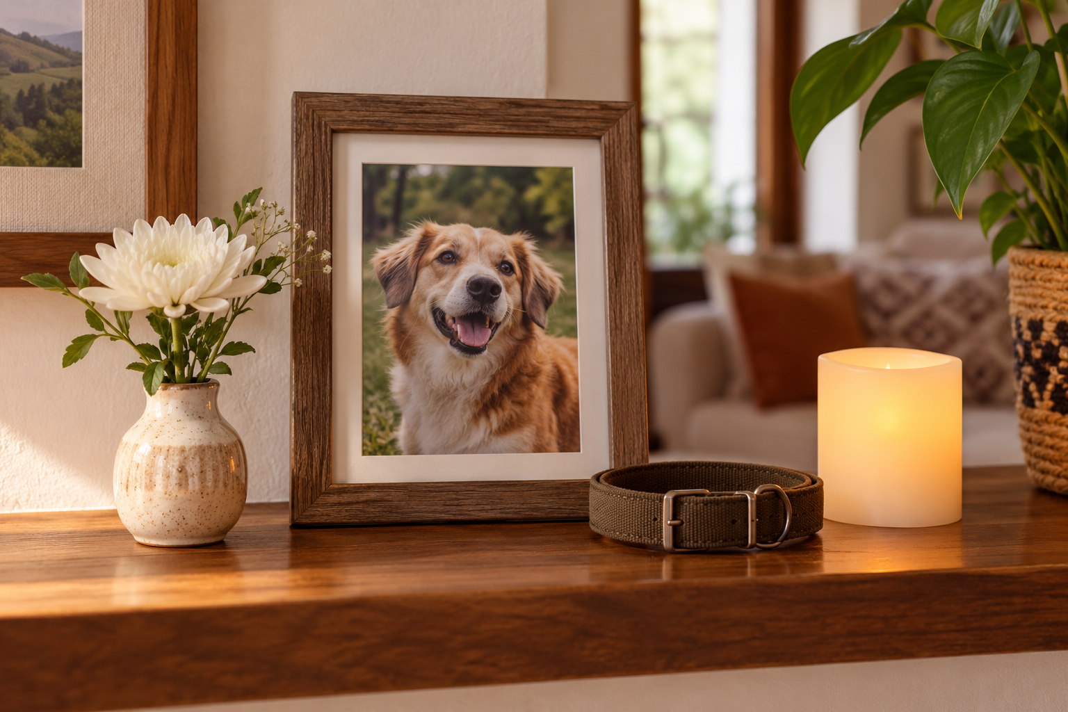 Fotografía ficticia de perro con flor, collar y luz de recuerdo; ilustración IA