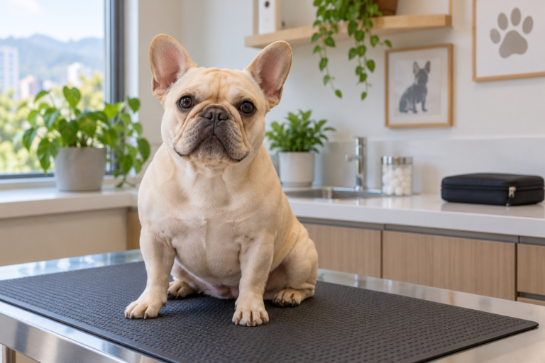 Bulldog francés en una sala veterinaria ficticia; ilustración IA