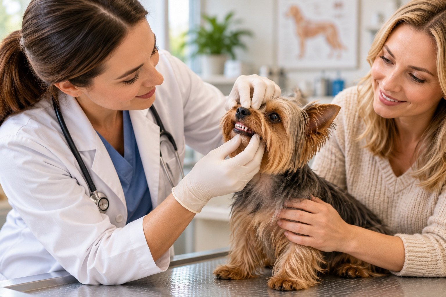 Veterinaria revisando con cuidado la boca de un Yorkshire Terrier durante un control, ilustración editorial.