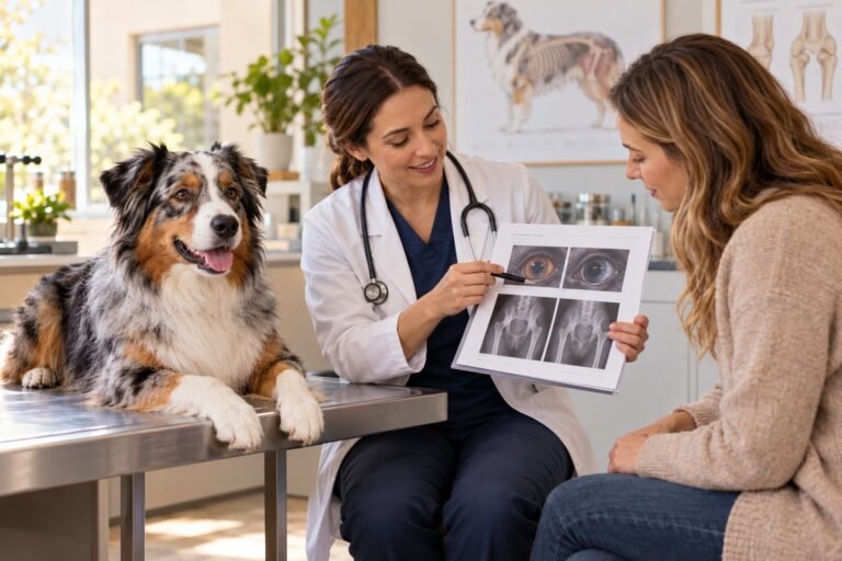 Ilustración editorial de un Pastor Ovejero Australiano durante una consulta veterinaria preventiva.