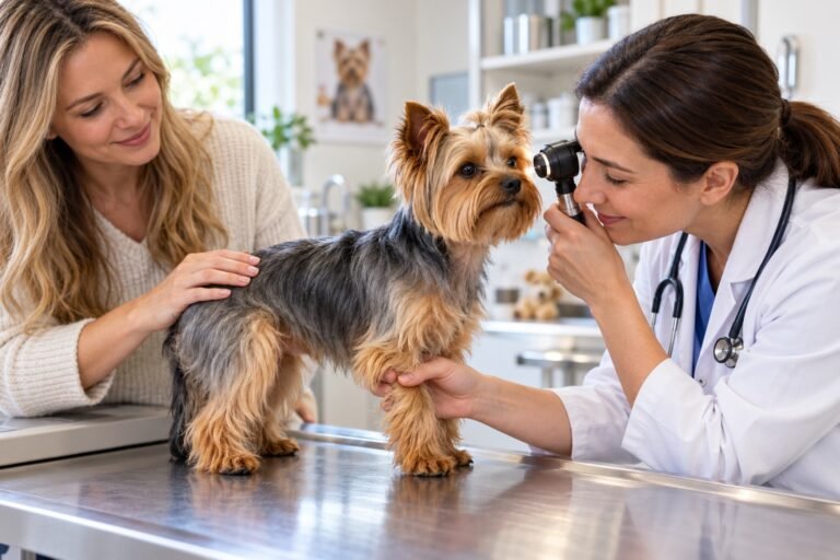 Yorkshire Terrier en examen preventivo con veterinaria, ilustración editorial.
