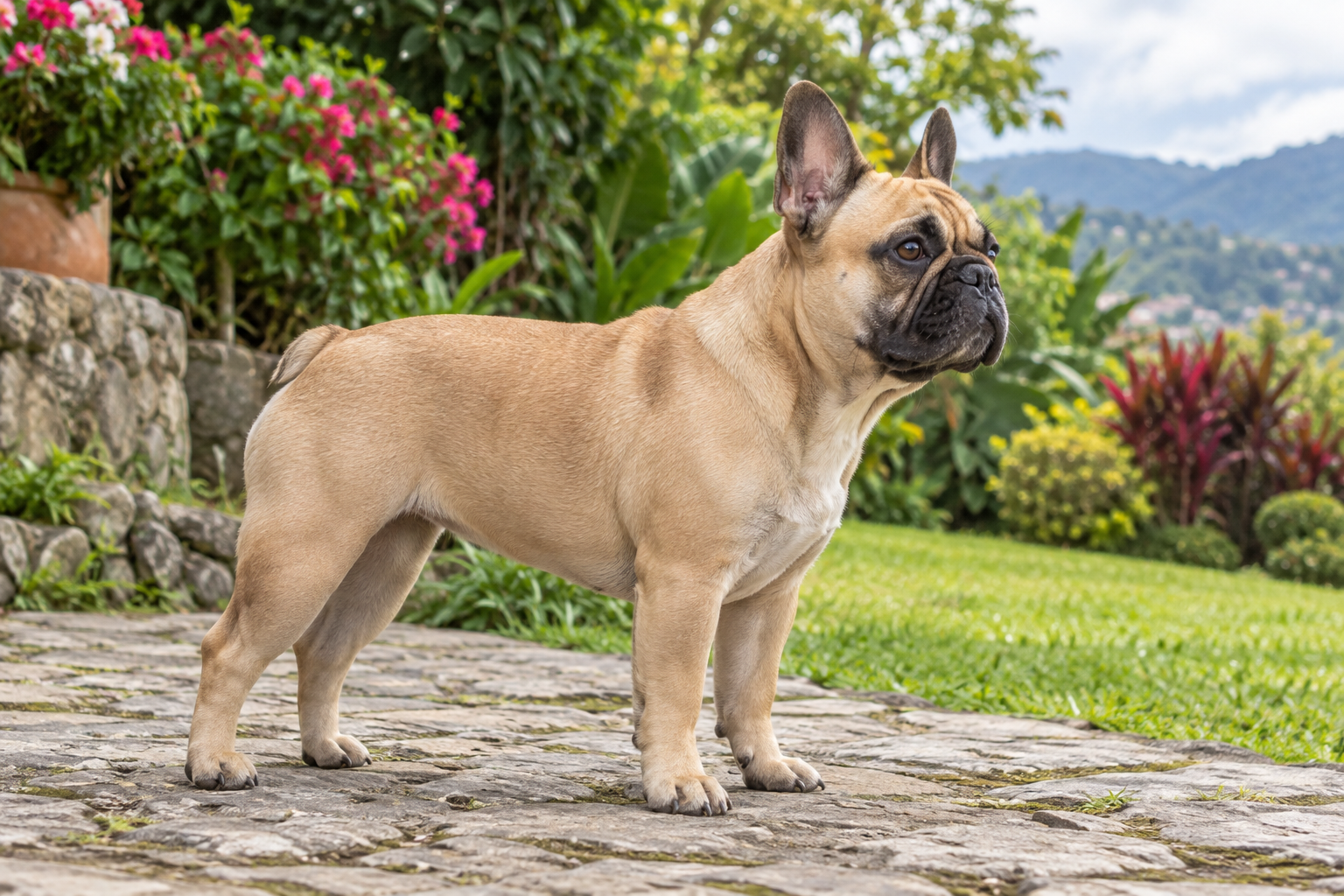 Bulldog francés de pie en un jardín; ilustración IA