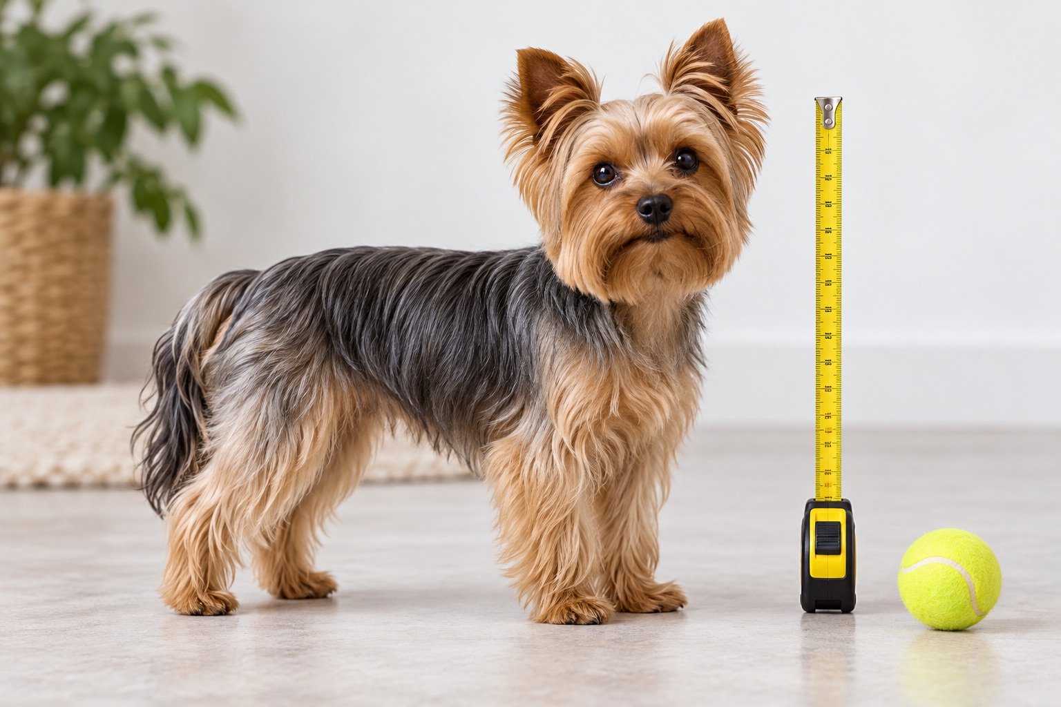 Yorkshire Terrier junto a una cinta métrica y una escala de tamaño, ilustración editorial.